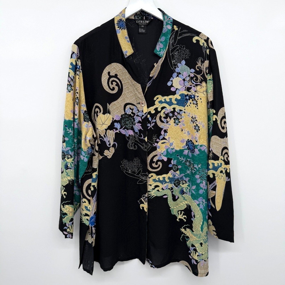 Citron Santa Monica Tunic Top Shirt Size 2X Floral 100% Silk Artsy Resort Boho